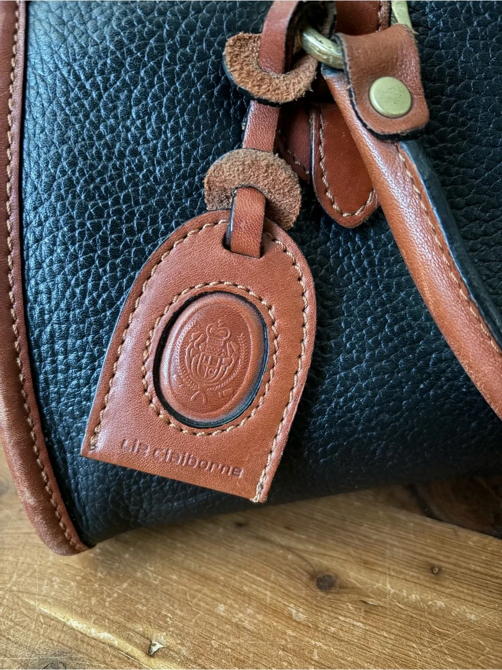 Vintage Liz Claiborne Black Pebbled Satchel with Cognac Trim
